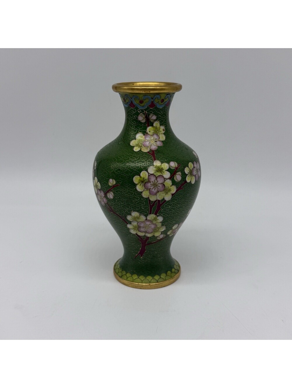 Chinese Cloisonné Vase Green Cherry Blossom Flower Pattern Vintage